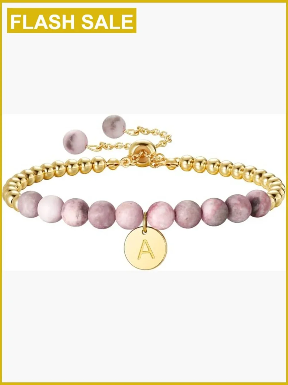 Adjustable Initial Bracelet with Pink Zebra Natural Stone Disc Heart Gold